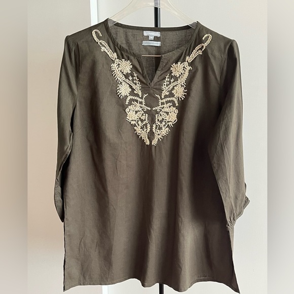 A FabIndia styled cotton tunic top in brown olive 🫒 w ivory hand embroidery M - Picture 2 of 8